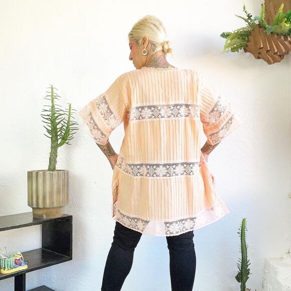 PINTUCKED 70’s 70s Vintage PEACH LACE MEXICAN Tunic Swim Cover Top Blouse Xl XXL - Picture 9 of 10